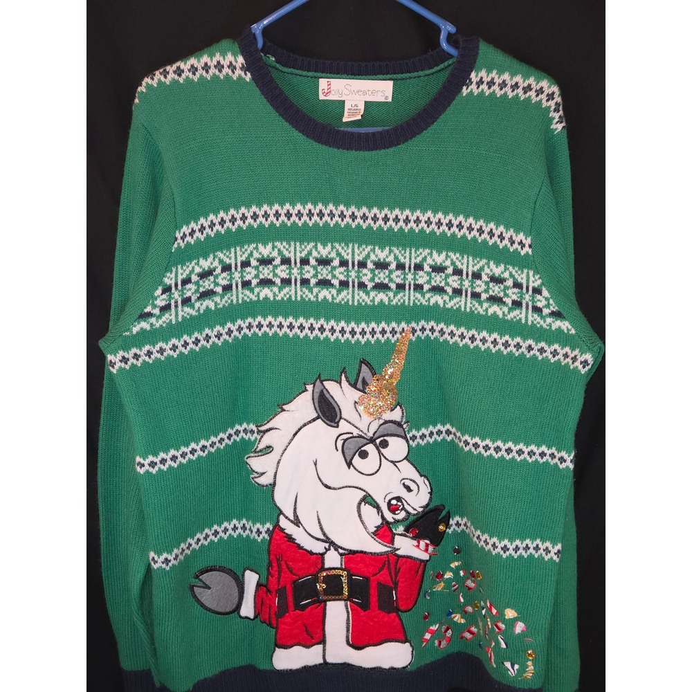 Jolly Sweaters Mens L Ugly‎ Christmas Sweater Green Unicorn Santa Claus Holiday